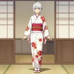 beautiful thin girl, silver hair, white kimono with complex red flower patterns, higabana, full body shot, ilustration by Takehiko Inoue ((and Krenz Cushart))