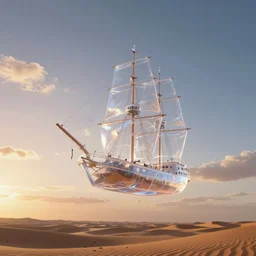 an amazingly stunning picture of a transparent refractive ghost ship floating high up in the sky over a desert, intricate detail, sunset, serene, volumetric lighting, volumetric clouds, 8 k, photorealistic, digital art trending on artstation