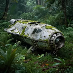 a place overgrown with plants, there is a broken spaceship, the space ship has moss on it, hyper realistic, atmospheric