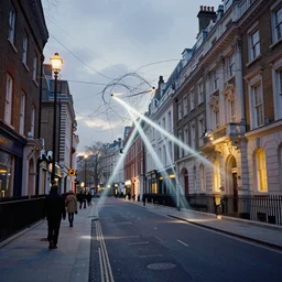 a new artistic style that is a mix of impressionism and surrealism uses wires and light beams to portray a london street.