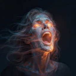wailing soul embers in the wind, motion blur, encaustic, iridescent, cinematic, detailed, glowing, wide angle, minimalist, surrealist, octane render, anamorphic