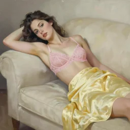 painting of a woman reclined on a couch, wearing a pink lace bralette and draped in a pale yellow silk sheet, by Jeremy Mann, stylized, detailed, loose brush strokes, soft tones, intimate, beautiful, flowing