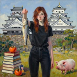 tall emo girl artist holding a dried fish, at odawara castle, books, small portraits, persimmon, pigs, acrylic on canvas, surrealist, by magritte and monet