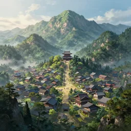 a powerful japanese village high in mountains, fanart artstation global illumination rtx hdr fanart arstation 3 d, concept art by moebius and laurie greasley, fantastic landscape, 8 k, cinematic color grading