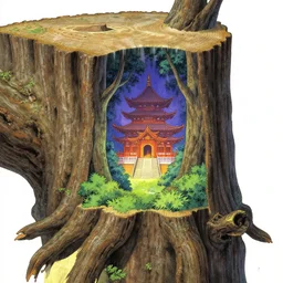 a cross section of a tree trunk with a magical temple inside, yoshitaka amano, stanley donwood
