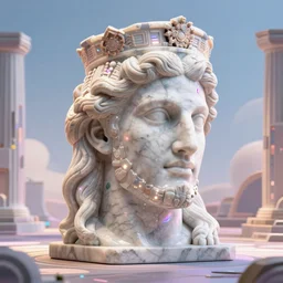 sci - fi cgartist wide shot anaglyph ambient occlusion rendering of a hyper realistic marble greek statuary regal god head resembling guy fieri glowing with embedded vaporwave leds product photo high key colored lighting, trending on artstation volumetric lighting
