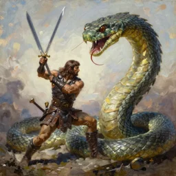 oil painting by frank frazetta, conan armed with a sword and fighting a giant snake, alone, mid shot, in the style of frank frazetta