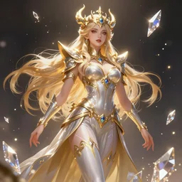 a beautiful female god character from hades game, character is in all its glory, character is centered on the image, rim lights, highly detailed professional illustration, dynamic lights, particles and crystals are flying, trending on artstation, illustration, 4k