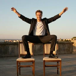 hyperrealistic Jean Claude Vandamme legs spread apart balancing on two chairs, golden hour, smiling, award winning