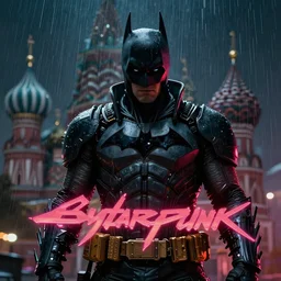 cyberpunk batman, rule of thirds, russia, moscow, rain, lights, close - up, high quality, ultrarealistic, sculls, neon glow, by giger, trending on artstation, intricate outfit, spotlight, by greg rutkowski, by jeremy mann, digital painting