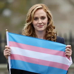 a photo of JK Rowling holding a trans flag, flickr