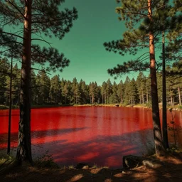 blood red lake, tall pine tree’s, green sky, high detail