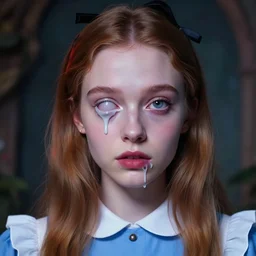 lazy eye melting hyper realistic photograph of pretty girl, lighting alice in wonderland, dj sura face, germ, ilya kuvshinov