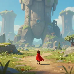 Sweeping landscape tiny red cape, Artstation Finnstark 4k. Gigantic creatures loom in the background with a gentle presence