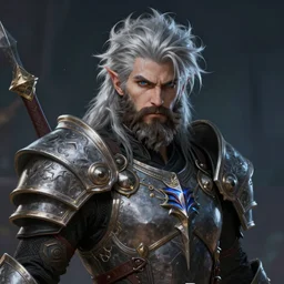 an epic fantastic realism comic book style portrait painting of an aasimar paladin, male, shaggy silver hair, scruffy brown beard, d & d concept art, unreal 5, daz, petrol aesthetic, octane render, centered, cosplay, rpg portrait, dynamic lighting