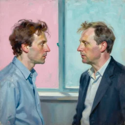 portrait of two men talking highly detailed oil painting by francis bacon, edward hopper, adrian ghenie, glenn brown, soft light, 4 k, pink and cyan,