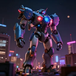 you are looking for a giant of 1 km of hight walking on the small city, tron, close up bokeh hiperrealistic neon glow darkness dramatic neon f - zero ships, sharp focus, octane render, imax