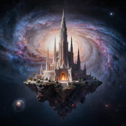 mythical palace on a floating astroid in space in front of colliding spiral galaxies by greg rutkowski, trending on artstation, octane render, striking composition