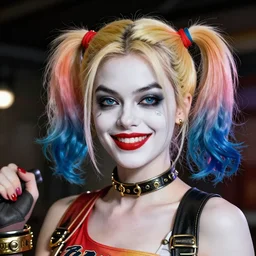 Harley Quinn, ultra mega super hyper details of the face, full body, ultra mega super hyper detail, ultra mega super hyper modernization, cinematic, dynamic lighting, ultra mega super hyper realistic, ultra mega super hyper beautiful