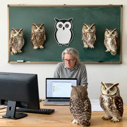 an owl teaching 6 smaller owls in how to program computers in logo style