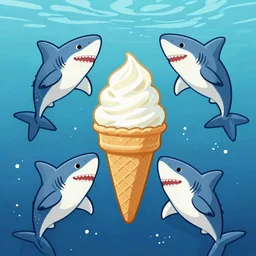 A group of sharks swimming around a ice cream cone in the ocean, Cartoon