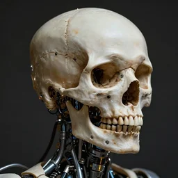 a human skull with cybernetic hardware wrapped around it