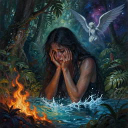 highly detailed surrealist painting of deep sadness, expressive emotional piece, trending on art station, emotional expression, lost in the jungle forrest tropical ocean fire water ice earth darkness light good evil angel demon galactic cosmic nebula