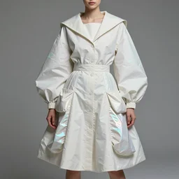 designer stylized figure haute couture collection light textiles, body fitted dart manipulation, loose coat collar sailor uniform, midi skirt, coated pleats, synthetic curves striking pose, stylized dynamic folds, cute huge pockets, intriguing volume flutter, youthful, modeled by modern designer bust, smart holographic textiles, expert composition, professional retouch, editorial photography