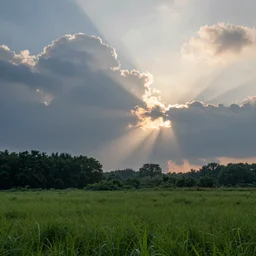a beautiful picture of good weather clouds over a meadow, subtle god rays breaking through, lush forest in the background, intricate detail, sunrise, serene, hazy, volumetric lighting, volumetric clouds, 8 k, hyperrealistic, digital art trending on artstation