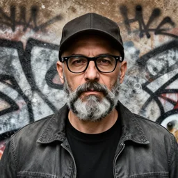 highly detailed portrait of 2 0 1 8 christian slater, cap, grey beard, glasses, grey jacket, by atey ghailan, by greg rutkowski, by greg tocchini, by james gilleard, by joe fenton, by kaethe butcher, gradient brown, black, grey and white color scheme, grunge aesthetic!!! ( ( graffiti tag wall background ) )
