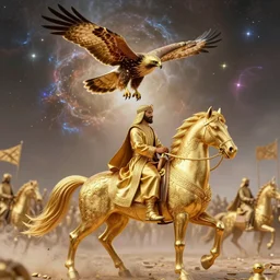 bedouin in battle on a horse, there is a hawk in the sky surrounded by nebula, highly detailed, gold filigree, soft cinematic lighting, award, disney concept art watercolor illustration by mandy jurgens and alphonse mucha and alena aenami, pastel color palette, featured on artstation