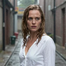 A close-up, color outdoor film still of a Alicia Amanda Vikander in white is standing in the alleyway, dynamic lighting at heavy rain, from Blade Runner(1982).