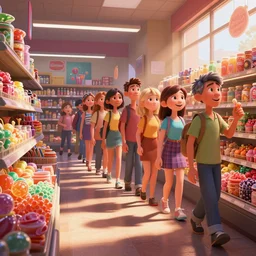queue line at the store for sweets, humans pixar style by tristan eaton stanley artgerm and tom bagshaw, high detail