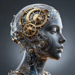 perfect female face silhouette, liquid sculpture, astral clockwork, abstract shapes, photorealism, beautiful portrait