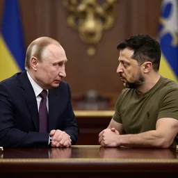 Vladimir Putin and volodymyr zelensky in a bar showdown, photorealistic