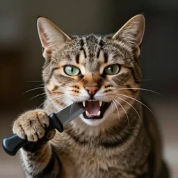 photo of an aggressive cat holding a knife in its mouth