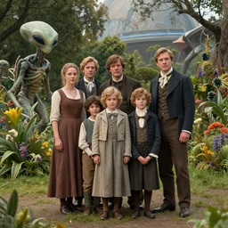 sharp, highly detailed, 1612800mm film still from a sci fi blockbuster color movie made in 2019, set in 1860, of a human family standing in a park, next to some alien plants and flowers, their pet humanoid alien is standing behind them, on an alien planet, the family are all wearing 1860s era clothes, good lighting, good photography, ultra high definition, in focus