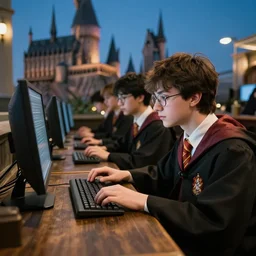 Photo of student wizards using a computer in Hogwarts