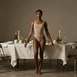 dark skin sia furler wearing a skin colored leotard full body artistic dinner photoshoot