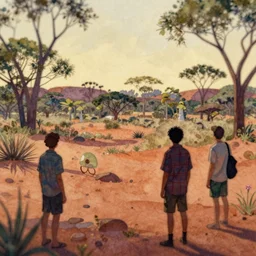 silkglades of the outback,art by Teddy Harvia and Hidetaka Tenjin and Matt Fox,trending on artstation, foreign lighting rear view,Fantastic Planet ,tilt-shift ,closeup,still life ,watercolor painting,
