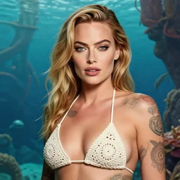 tattooed margot robbie posing in a crochet bikini, atlantis in the background, highly detailed face, realistic face, beautiful detailed eyes, fantasy art, in the style of greg rutkowski, illustration, epic, fantasy, intricate, hyper detailed, artstation, concept art, smooth, sharp focus, ray tracing, vibrant,