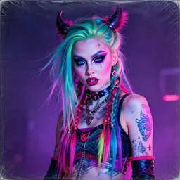 album cover of Grimes as a highly detailed neon super villain character, trending on artstation, concept matte