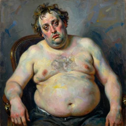 a portrait of a morbidly obese man on the brink of death in grotesque detail in picasso's art style