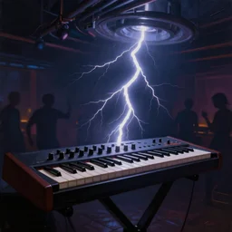 low angle shot of lightning striking a synthesizer in a dance club, dark dancing silhuettes, dramatic lighting, oil painting