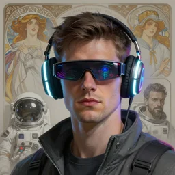 future coder man looking on, sleek cyclops glasses display over eyes and sleek bright headphoneset, neon accent lights, holographic colors, desaturated headshot portrait digital painting by dean cornwall, rhads, john berkey, tom whalen, alex grey, alphonse mucha, donoto giancola, astronaut cyberpunk electric