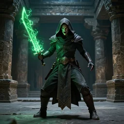 vfx film, photorealistic render, soul reaver, raziel irl, price of persia movie, missing jaw, hero pose, devouring magic souls, scarf, hood, glowing green soul blade, in epic ancient huge underground temple, stonehenge, flat color profile low - key lighting award winning photography arri alexa cinematography, hyper real photorealistic cinematic, atmospheric cool colorgrade