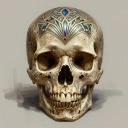 concept art skull by jama jurabaev, the skull is decorated with art deco patterns, cinematic shot, trending on artstation, high quality, brush stroke