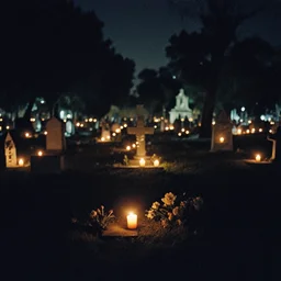 film photography film photography of a cemetary in Mexico City, at night, lit with candles, Leica M6, cinestill 800, Noctilux 50mm