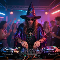 focused shot of a wizard DJing a dance party, psychedelic colors, hyper realistic, 4k render