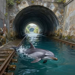 a dolphin swimming in a flooded railway tunnel, single - point - perspective, ultra - realistic, photorealistic, painting, volumetric lighting